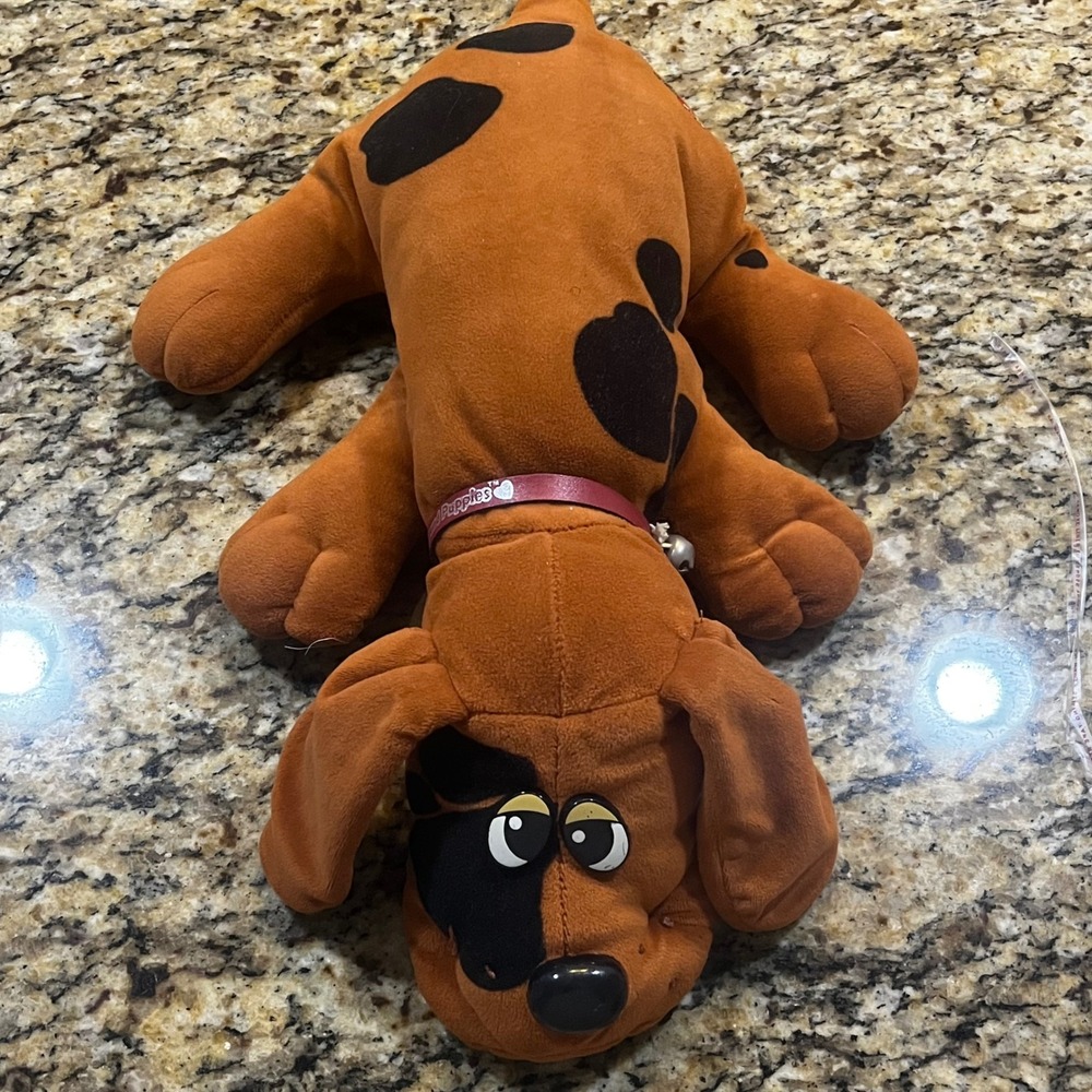 Vintage 1985 Tonka Pound Puppies Brown Spotted Plush Dog Red Collar and Bell 17"